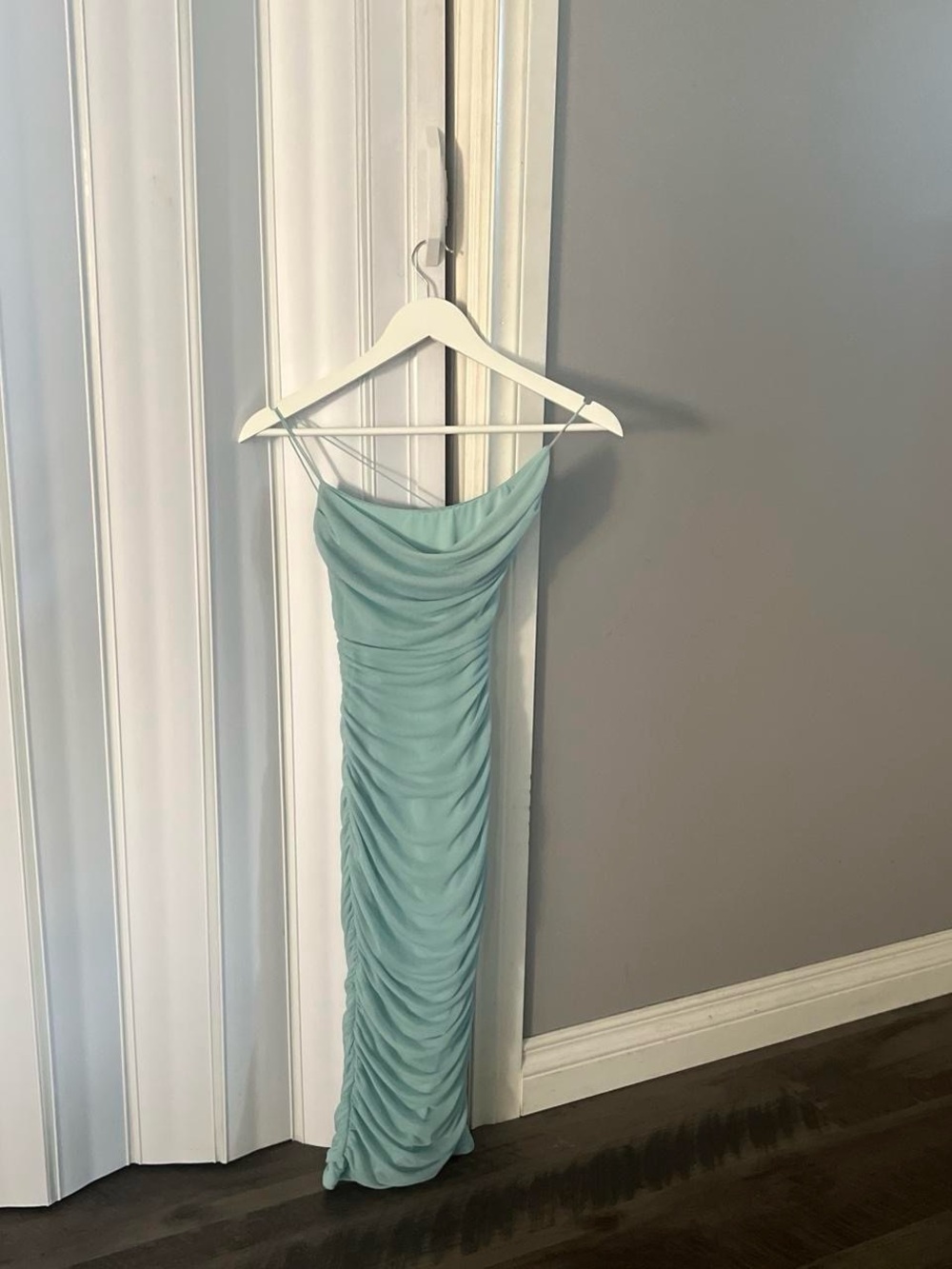 Oh Polly Draped Ruched Maxi Dress in Light Aqua